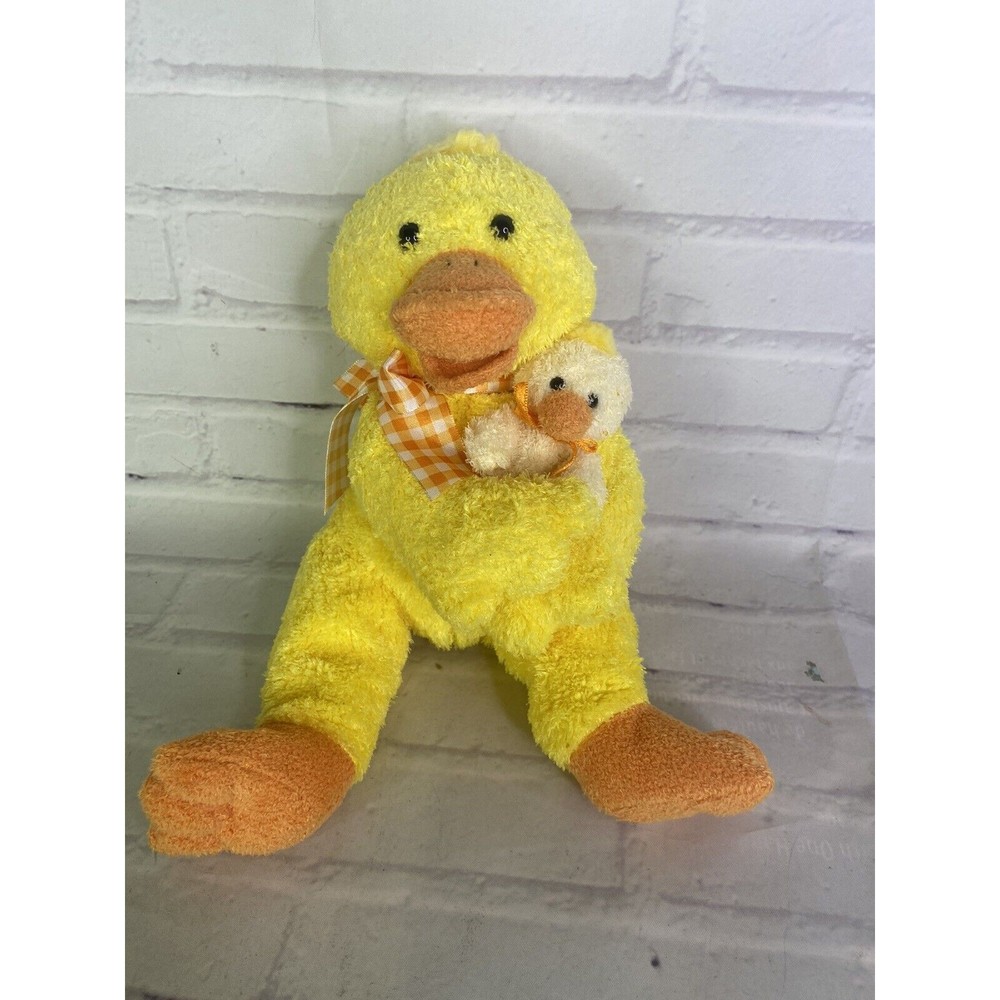 Mine Alone Duck Holding Baby Plush Stuffed Animal Toy Yellow Orange Gingham Bow